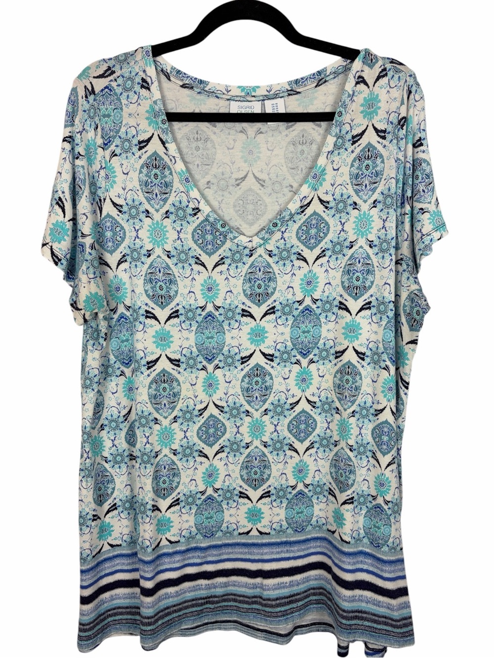 Sigrid Olsen Printed V-Neck Tunic Top Blue Aqua Medallion Print Plus Size 1X